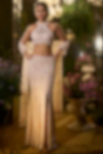 Powder Peach Net Sequin Embroidered Flared Slit Skirt Set by Seema Gujral at Pernia's Pop Up Shop