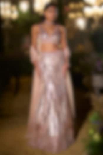 Rose Gold Net Crystal & Sequin Flared Slit Skirt Set by Seema Gujral at Pernia's Pop Up Shop