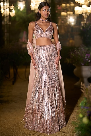 Rose Gold Net Crystal & Sequin Flared Slit Skirt Set by Seema Gujral