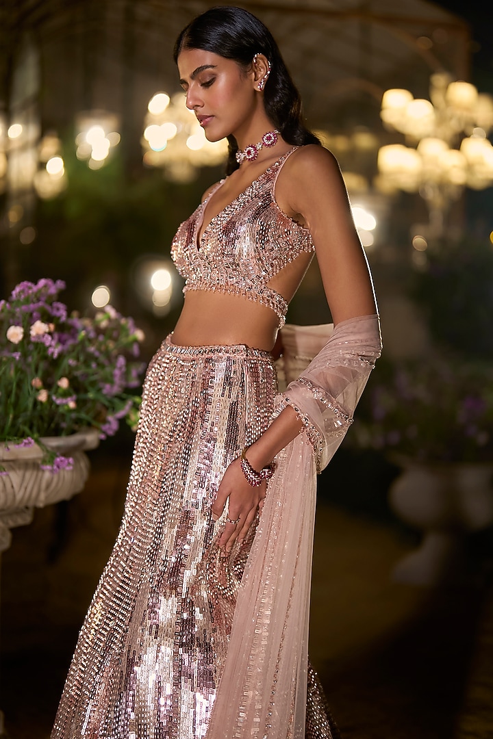 Rose Gold Net Crystal & Sequin Flared Slit Skirt Set by Seema Gujral at Pernia's Pop Up Shop
