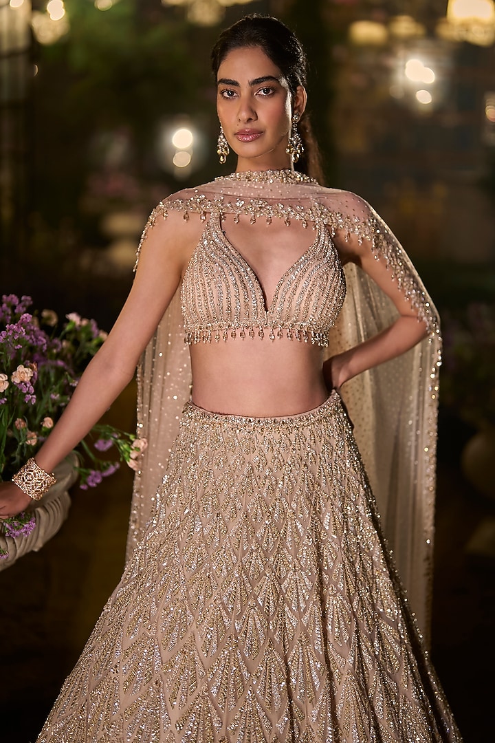 Light Gold Net Sequin Embroidered Bridal Lehenga Set by Seema Gujral at Pernia's Pop Up Shop
