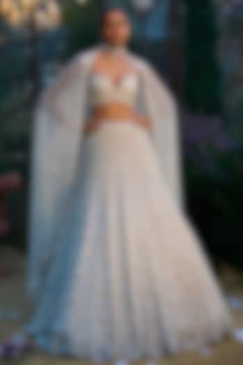 Ivory Net Pearl & Crystal Embroidered Bridal Lehenga Set by Seema Gujral at Pernia's Pop Up Shop
