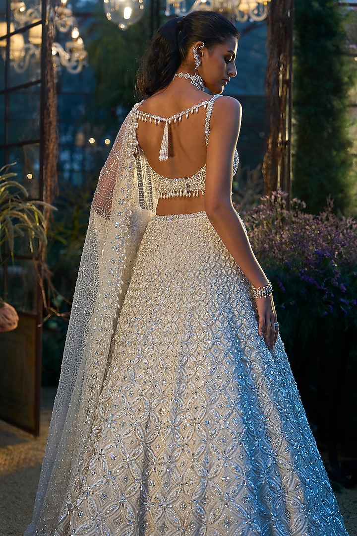 Ivory Net Pearl & Crystal Embroidered Bridal Lehenga Set by Seema Gujral at Pernia's Pop Up Shop