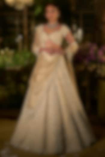 Light Gold Tissue Silk Pearl Embroidered Bridal Lehenga Set by Seema Gujral at Pernia's Pop Up Shop
