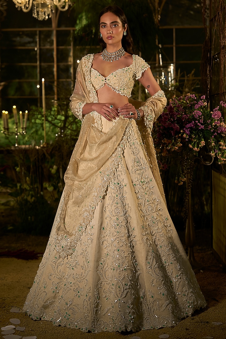 Light Gold Tissue Silk Pearl Embroidered Bridal Lehenga Set by Seema Gujral at Pernia's Pop Up Shop
