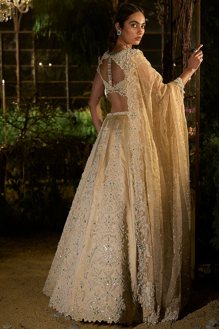 Light Gold Tissue Silk Pearl Embroidered Bridal Lehenga Set by Seema Gujral at Pernia's Pop Up Shop