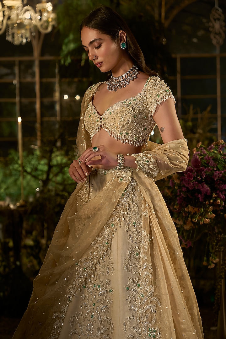 Light Gold Tissue Silk Pearl Embroidered Bridal Lehenga Set by Seema Gujral at Pernia's Pop Up Shop