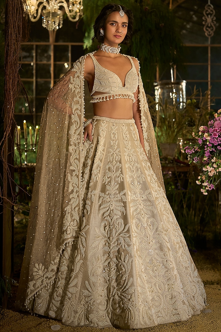 Champagne Tissue Silk Zardosi Embroidered Bridal Lehenga Set by Seema Gujral at Pernia's Pop Up Shop