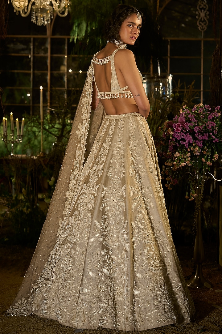 Champagne Tissue Silk Zardosi Embroidered Bridal Lehenga Set by Seema Gujral at Pernia's Pop Up Shop