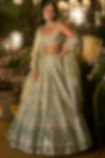 Turquoise Blue Net & Tulle Gota Embroidered Bridal Lehenga Set by Seema Gujral at Pernia's Pop Up Shop