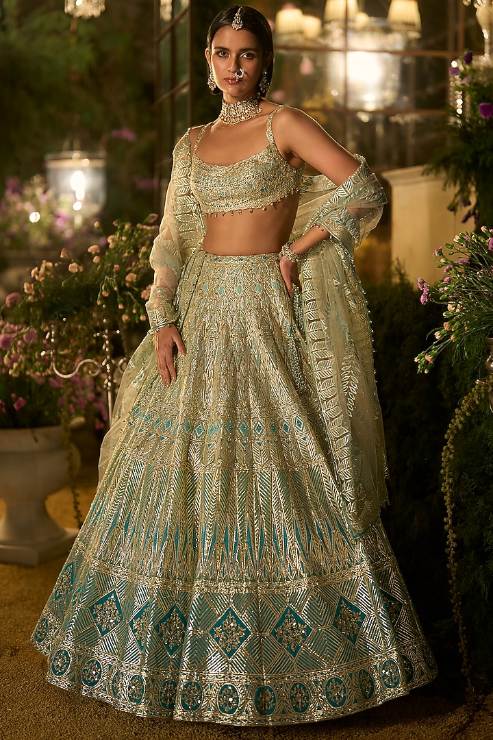 Turquoise Blue Net & Tulle Gota Embroidered Bridal Lehenga Set by Seema Gujral at Pernia's Pop Up Shop