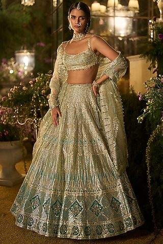 Turquoise Blue Net & Tulle Gota Embroidered Lehenga Set by Seema Gujral