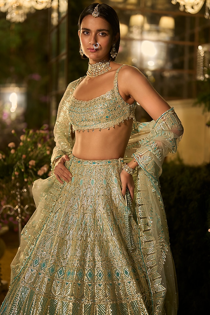 Turquoise Blue Net & Tulle Gota Embroidered Bridal Lehenga Set by Seema Gujral at Pernia's Pop Up Shop