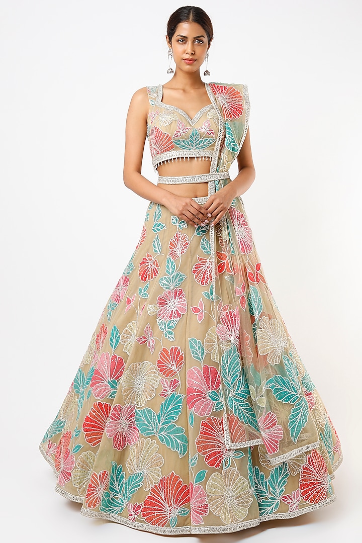 Beige Floral Embroidered Lehenga Set by Seema Gujral