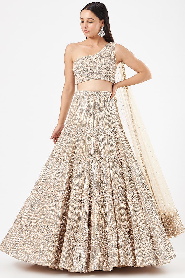 Champagne Organza Embellished Lehenga Set by Seema Gujral