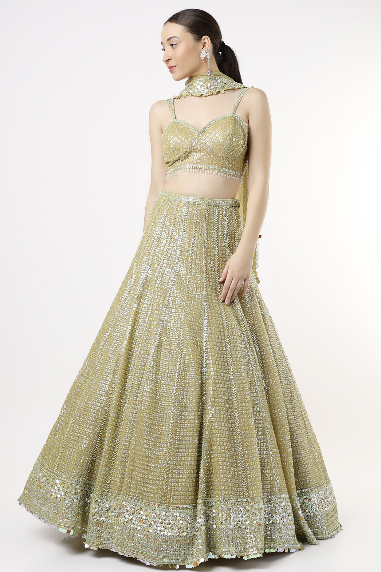 Lime Net Embroidered Bridal Lehenga Set by Seema Gujral at Pernia's Pop Up Shop