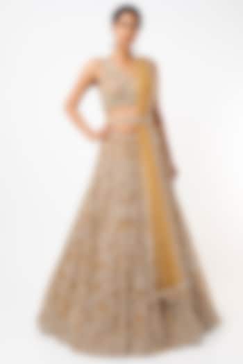 Gold Floral Embroidered Lehenga Set by Seema Gujral