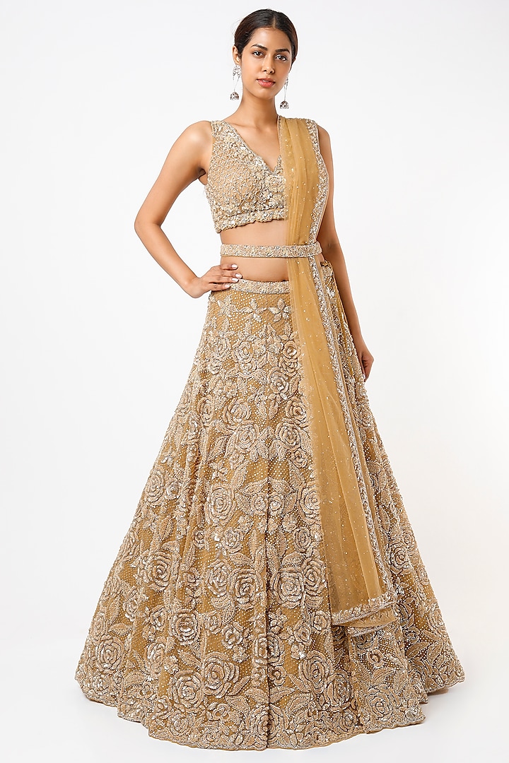 Gold Floral Embroidered Lehenga Set by Seema Gujral