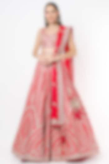 Red Raw Silk Embroidered Lehenga Set by Seema Gujral