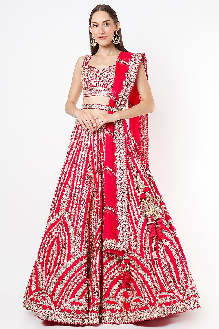 Red Raw Silk Embroidered Lehenga Set by Seema Gujral