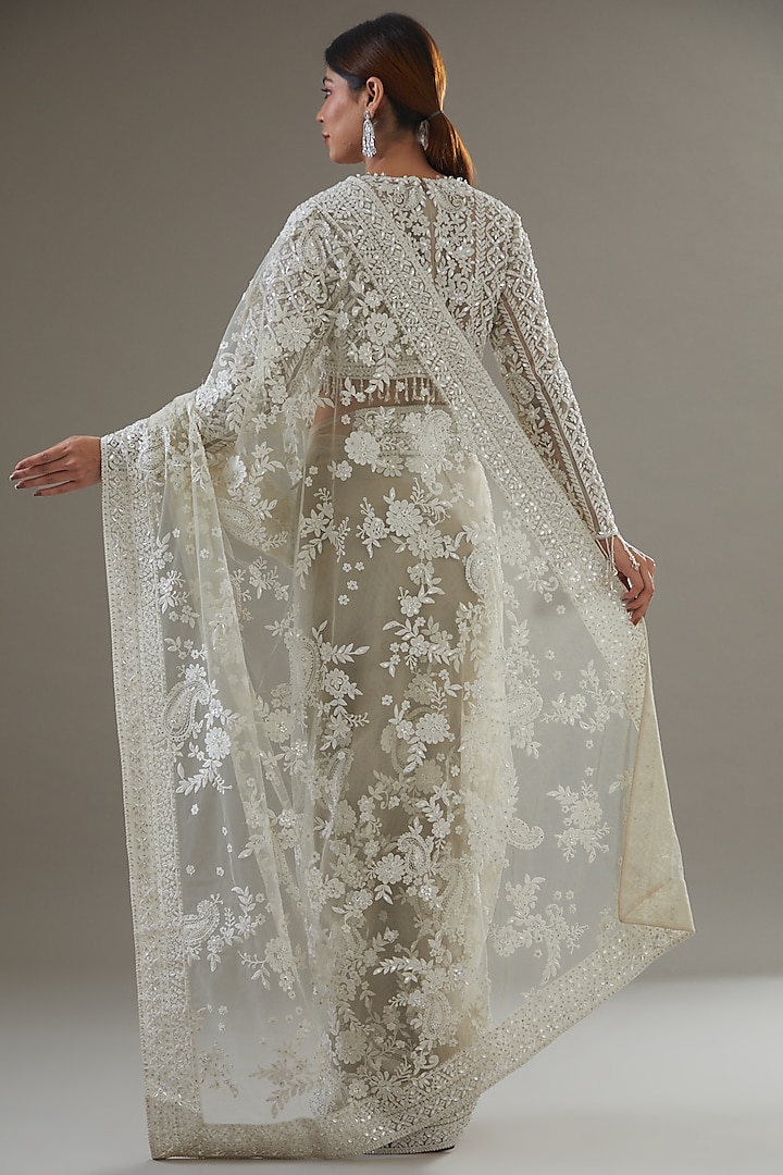 Nude Net Sequins & Pearl Embroidered Reception Saree Set by Seema Gujral at Pernia's Pop Up Shop