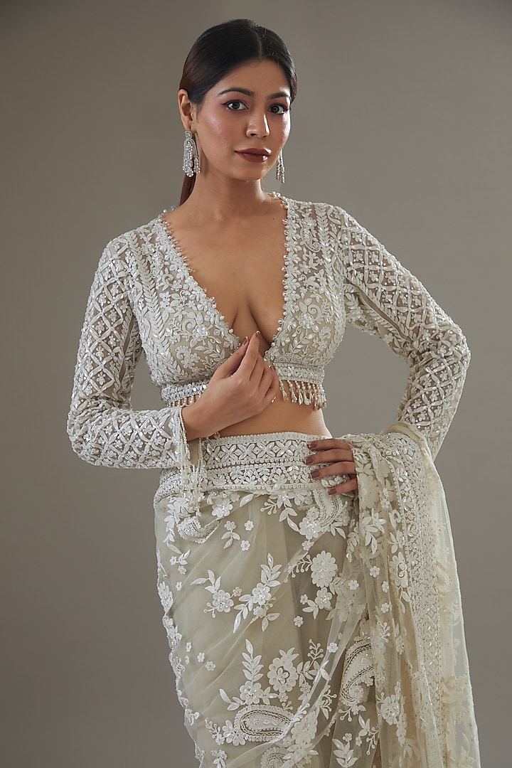 Nude Net Sequins & Pearl Embroidered Reception Saree Set by Seema Gujral at Pernia's Pop Up Shop