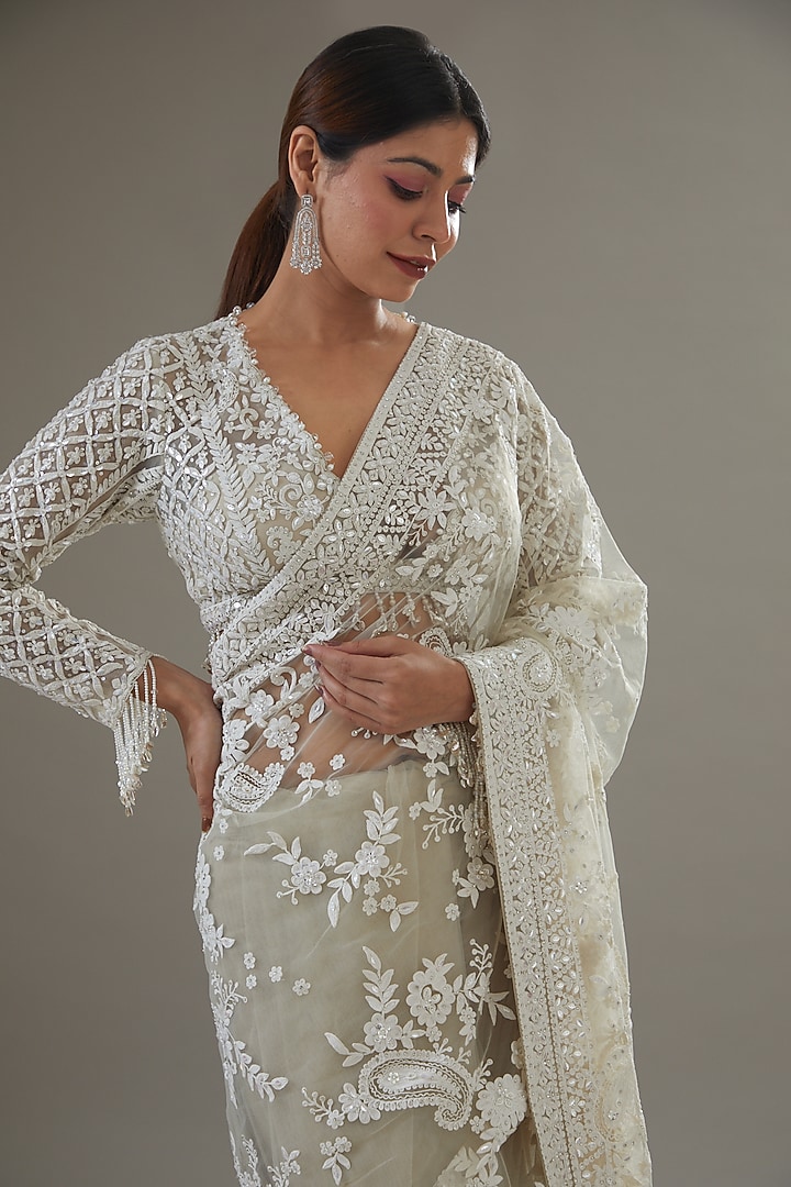Nude Net Sequins & Pearl Embroidered Reception Saree Set by Seema Gujral at Pernia's Pop Up Shop