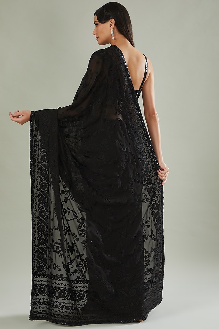 Black Georgette Resham Embroidered Reception Saree Set by Seema Gujral at Pernia's Pop Up Shop