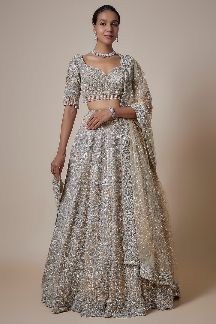 Beige Gold Organza Zari & Sequins Embroidered Bridal Lehenga Set by Seema Gujral at Pernia's Pop Up Shop