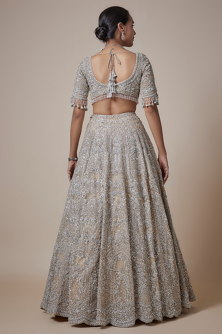 Beige Gold Organza Zari & Sequins Embroidered Bridal Lehenga Set by Seema Gujral at Pernia's Pop Up Shop