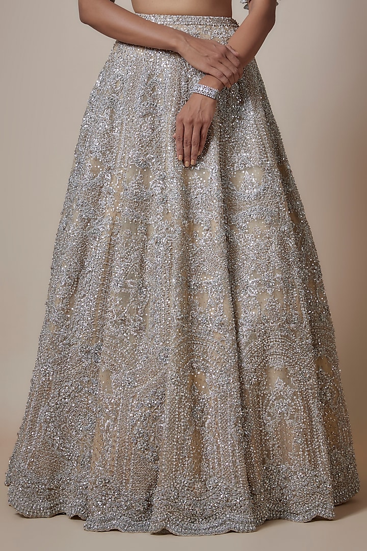 Beige Gold Organza Zari & Sequins Embroidered Bridal Lehenga Set by Seema Gujral at Pernia's Pop Up Shop