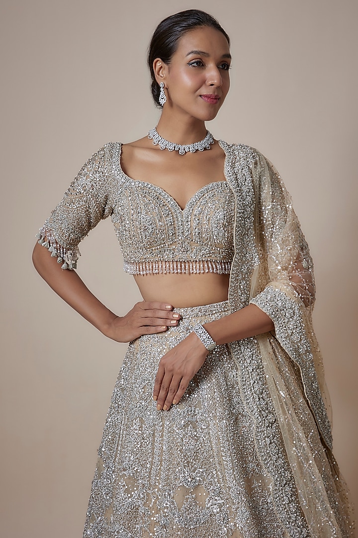 Beige Gold Organza Zari & Sequins Embroidered Bridal Lehenga Set by Seema Gujral at Pernia's Pop Up Shop