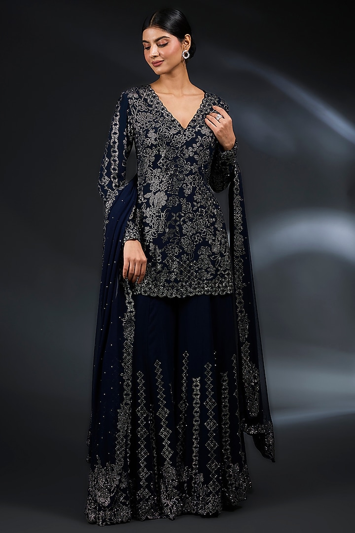 Navy Georgette Crystal Embroidered Sharara Set by Seema Gujral at Pernia's Pop Up Shop