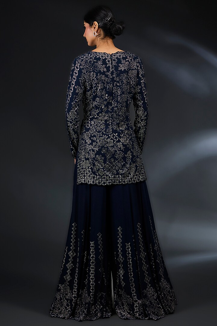 Navy Georgette Crystal Embroidered Bridal Sharara Set by Seema Gujral at Pernia's Pop Up Shop