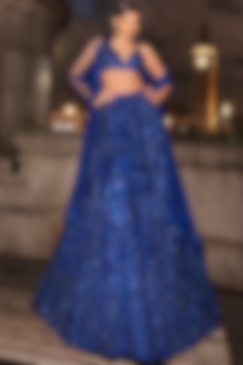 Navy Blue Net Tonal Sequins Embroidered Lehenga Set by Seema Gujral