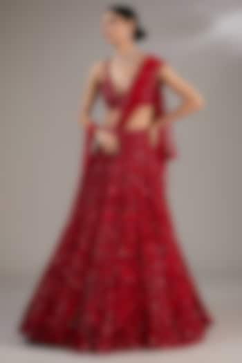 Red Net Floral Sequins Embroidered Bridal Lehenga Set by Seema Gujral at Pernia's Pop Up Shop