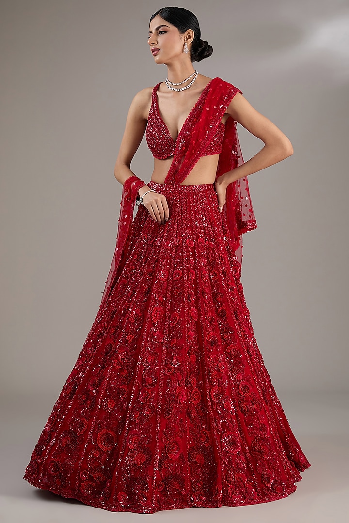 Red Net Floral Sequins Embroidered Bridal Lehenga Set by Seema Gujral at Pernia's Pop Up Shop