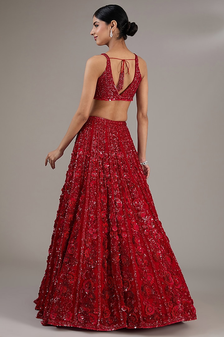 Red Net Floral Sequins Embroidered Bridal Lehenga Set by Seema Gujral at Pernia's Pop Up Shop