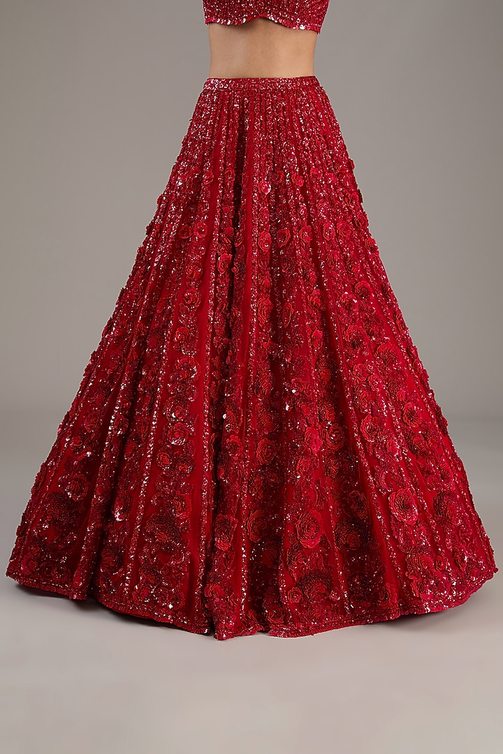 Red Net Floral Sequins Embroidered Bridal Lehenga Set by Seema Gujral at Pernia's Pop Up Shop