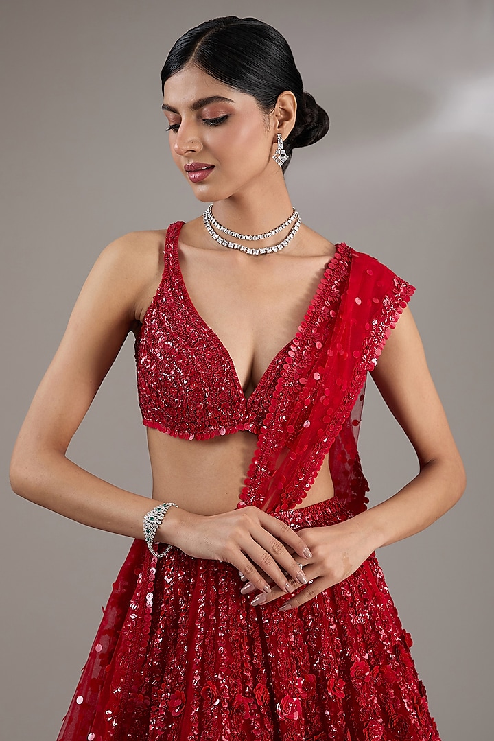 Red Net Floral Sequins Embroidered Bridal Lehenga Set by Seema Gujral at Pernia's Pop Up Shop