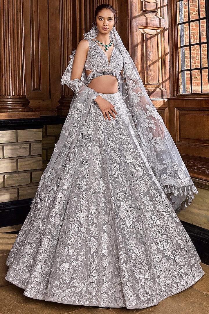 Metallic Silver Net Embroidered Lehenga Set by Seema Gujral