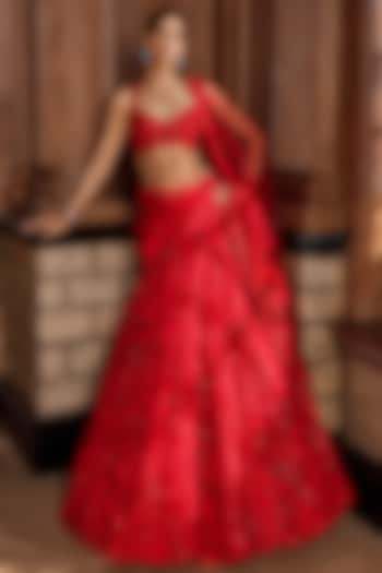 Red Net Sequins Embroidered Bridal Lehenga Set by Seema Gujral at Pernia's Pop Up Shop