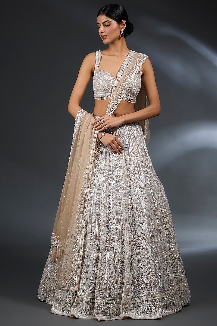 Nude Net Sequins & Crystal Embroidered Bridal Lehenga Set by Seema Gujral at Pernia's Pop Up Shop