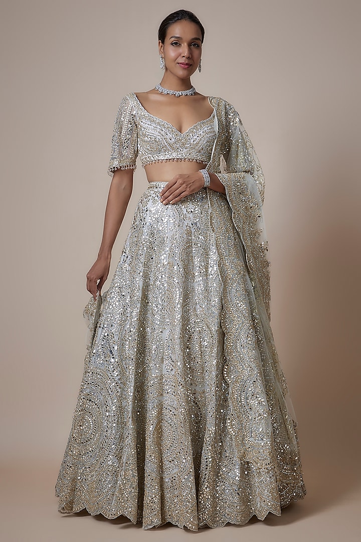 Silver Net Mirror & Sequins Embroidered Bridal Lehenga Set by Seema Gujral at Pernia's Pop Up Shop