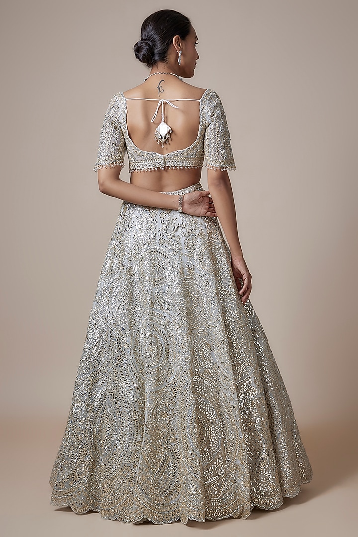 Silver Net Mirror & Sequins Embroidered Bridal Lehenga Set by Seema Gujral at Pernia's Pop Up Shop