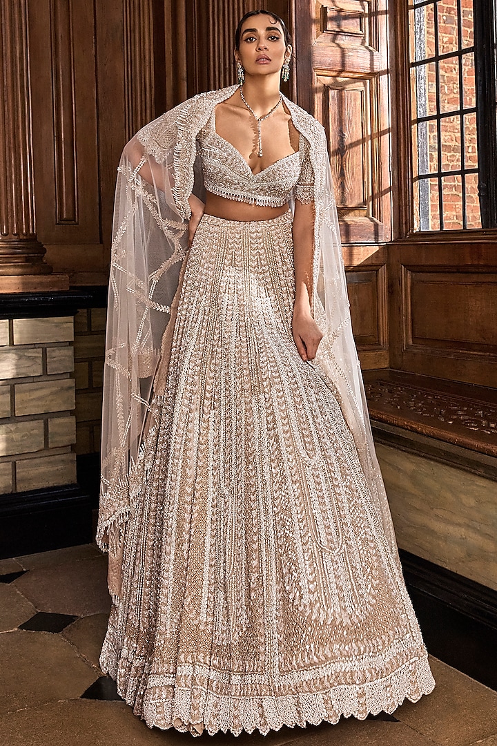 Champagne Net Sequins Embroidered Bridal Lehenga Set by Seema Gujral at Pernia's Pop Up Shop