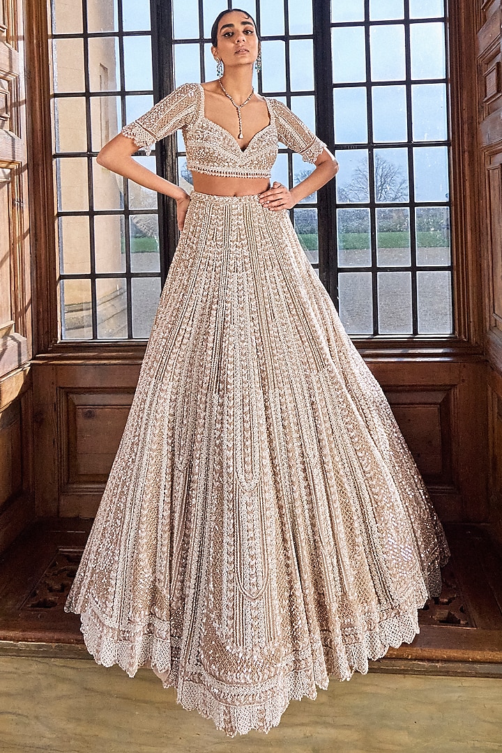 Champagne Net Sequins Embroidered Bridal Lehenga Set by Seema Gujral at Pernia's Pop Up Shop