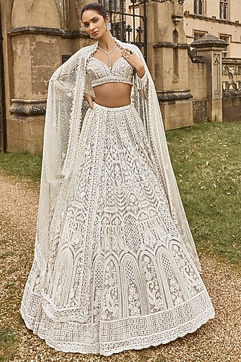 Nude Net Sequins & Pearl Embroidered Bridal Lehenga Set by Seema Gujral at Pernia's Pop Up Shop