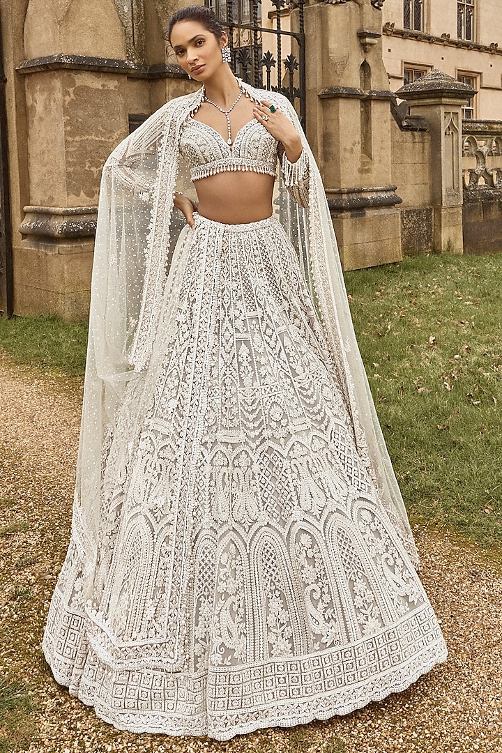 Nude Net Sequins & Pearl Embroidered Bridal Lehenga Set by Seema Gujral at Pernia's Pop Up Shop