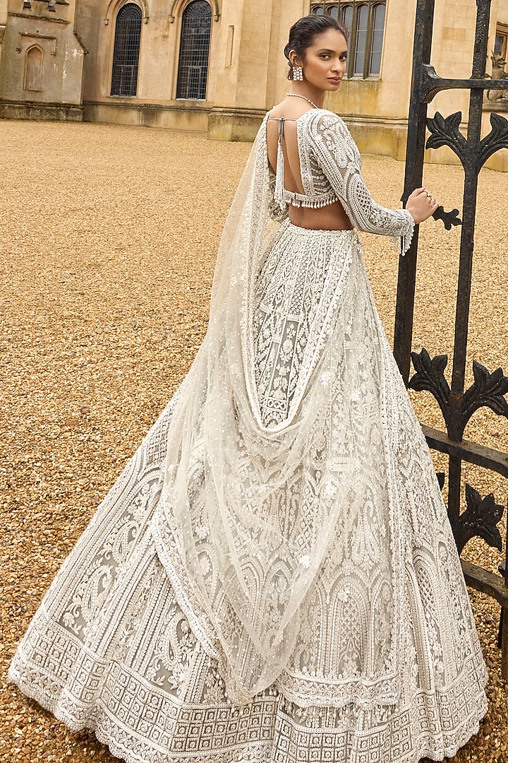 Nude Net Sequins & Pearl Embroidered Bridal Lehenga Set by Seema Gujral at Pernia's Pop Up Shop